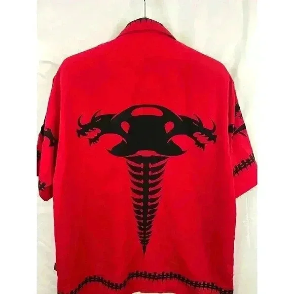 VTG Dragonfly Roadhouse Dragon Bones Button Down Shirt LARGE Single Stitch Red